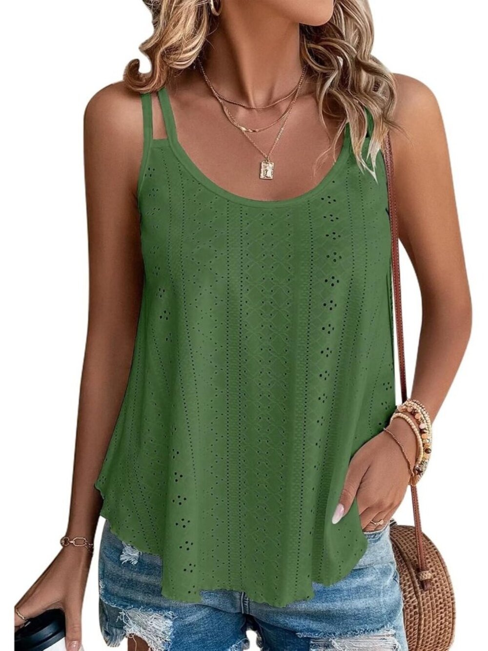Women's Green Eyelet Spaghetti Strap Loose Flowy Scoop Neck Cami Tank Top
